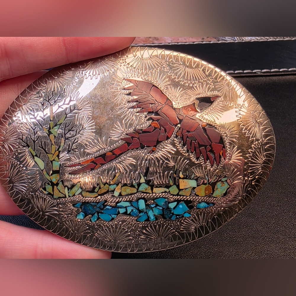 Pheasant/Bird Turquoise Coral Wood Mixed Stone Inlaid Mark HSS Etched BeltBuckle - Picture 4 of 14
